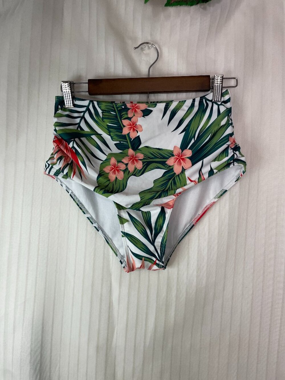 SHEIN Women's Tropical Floral High Waist Bikini Bottoms White Green Size M